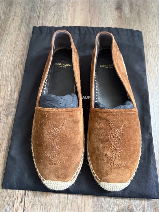 Saint Laurent Shoes - Saint Laurent Brown Suede Espadrille Slip-Ons with Embroidered Logo